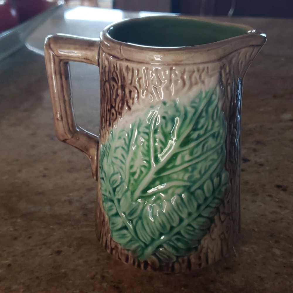 Antique Majoica Begonia Fern Leaf Rustic Tree Bark Planter Vase, Decor Pitcher - Picture 2 of 16